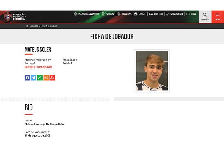 Meia Mateus é registrado no site da Federação Portuguesa de Futebol - 28/09/2021