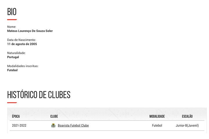 Meia Mateus é registrado no site da Federação Portuguesa de Futebol - 28/09/2021
